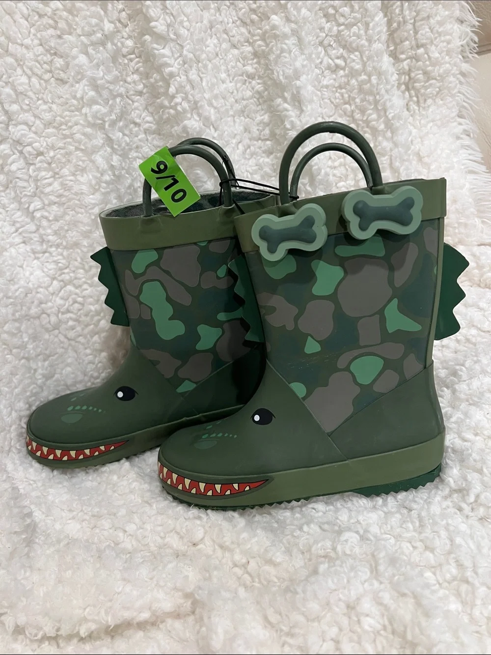 Kids Green Dinosaur Rain & Snow Boots with Easy Pull Handles